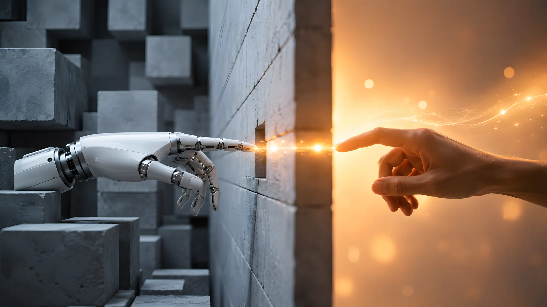 Eine Roboterhand und eine Menschenhand durchbrechen gemeinsam eine Wand, umgeben von orangefarbenem Licht