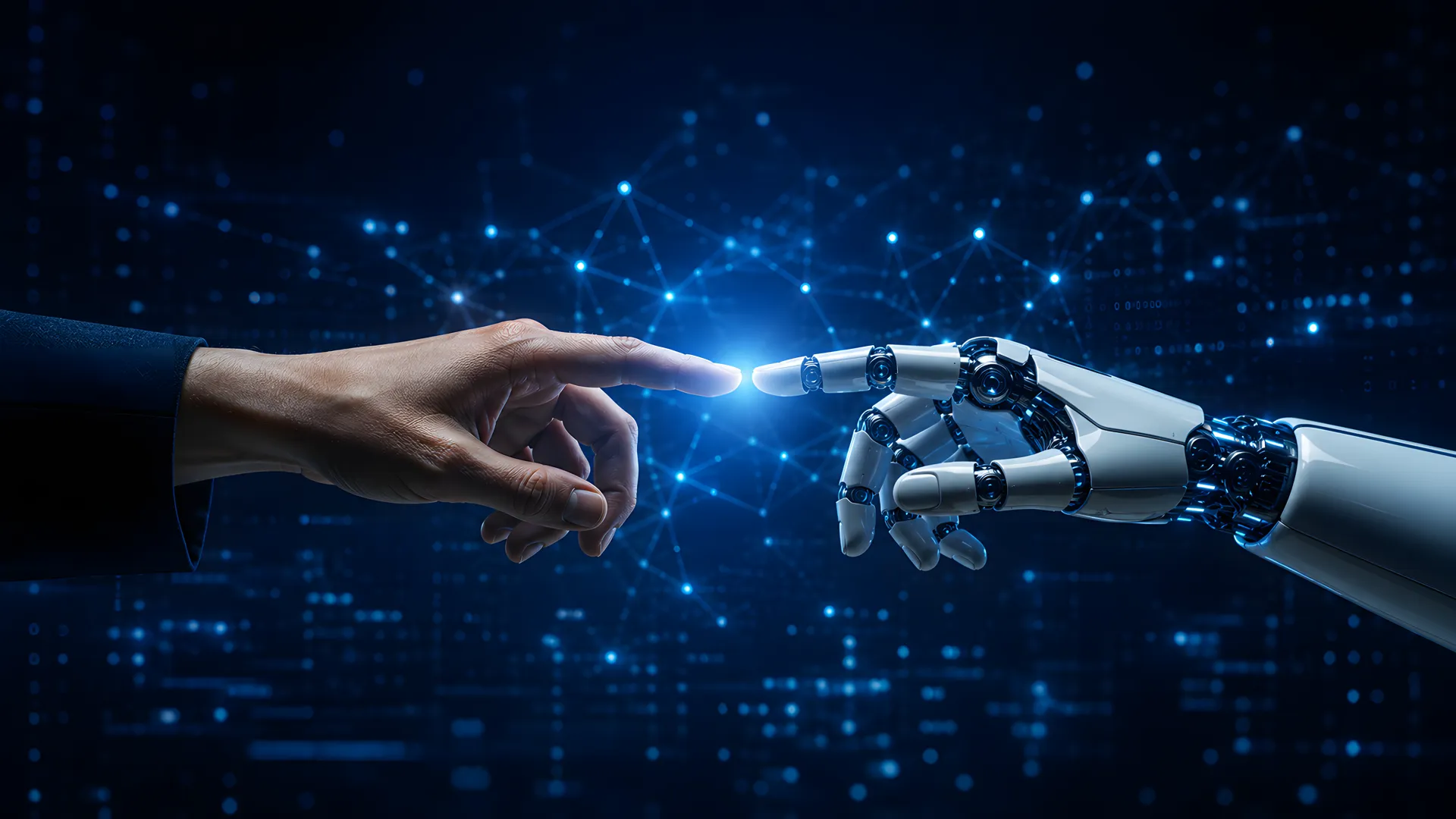 Eine menschliche Hand und eine Roboterhand berühren sich mit den Fingerspitzen, umgeben von leuchtenden Datenpunkten