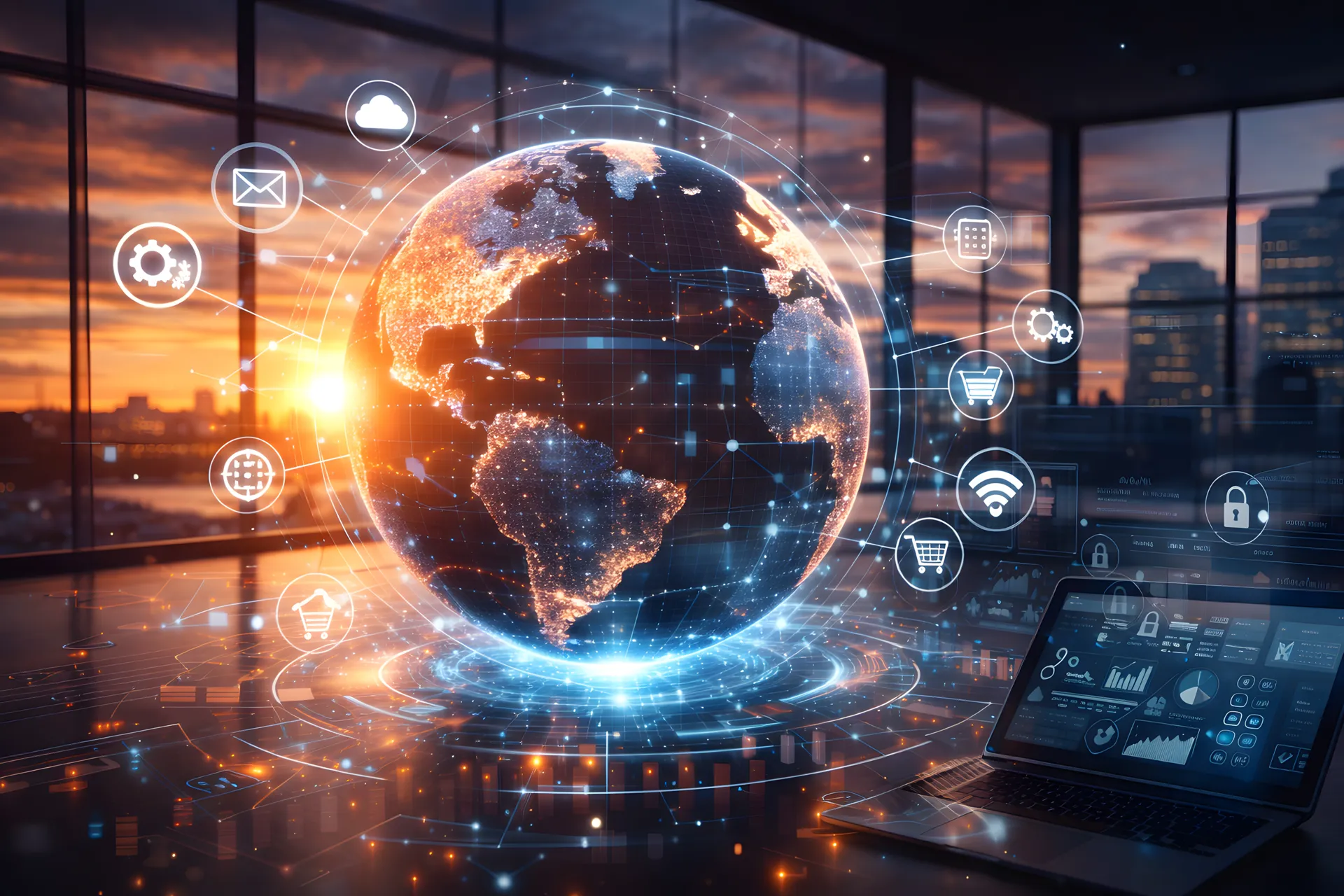 Digitale Weltkugel mit Technologie-Symbolen in einem Büro bei Sonnenuntergang