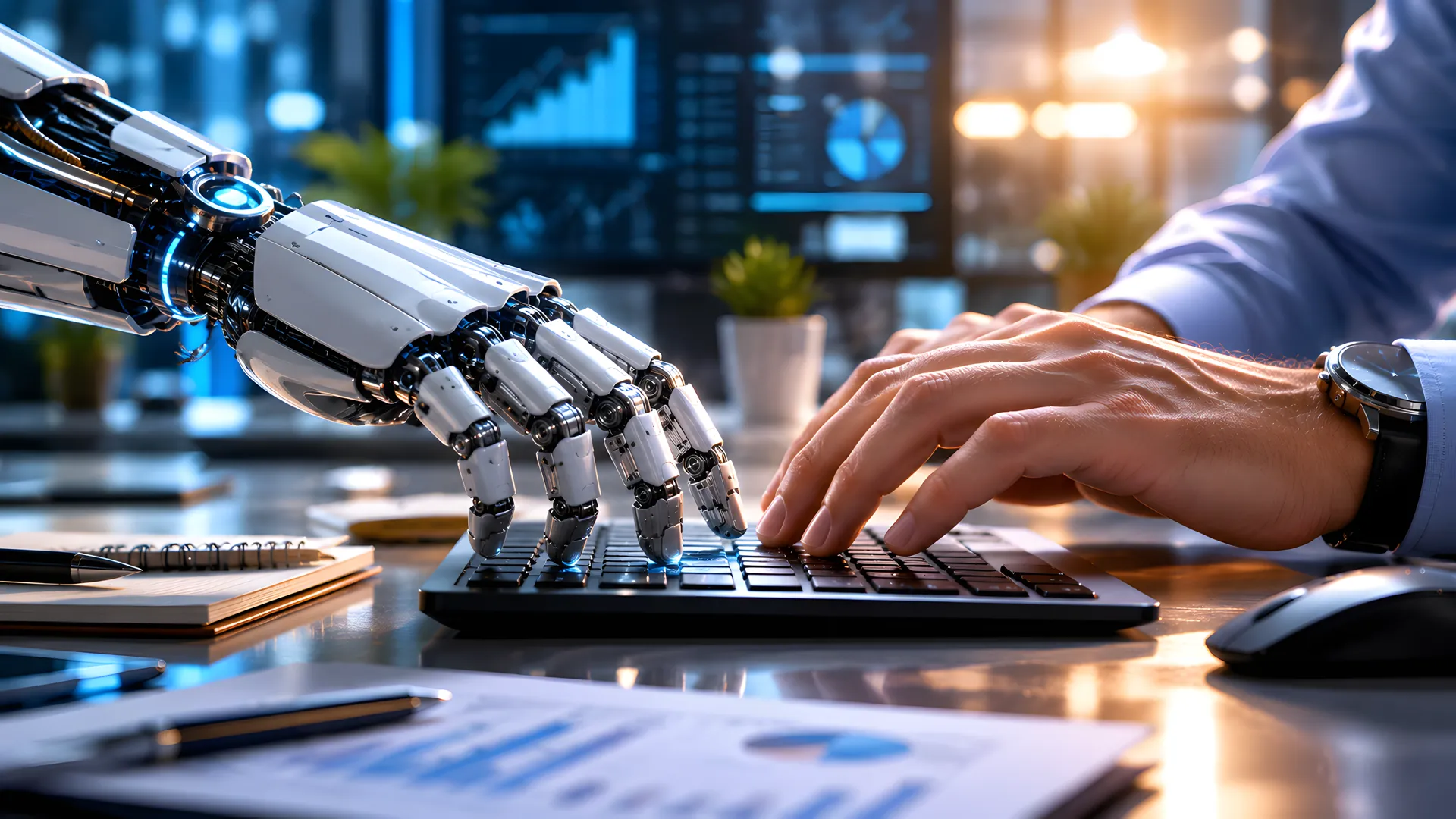 Mensch und Roboter tippen gemeinsam auf einer Tastatur